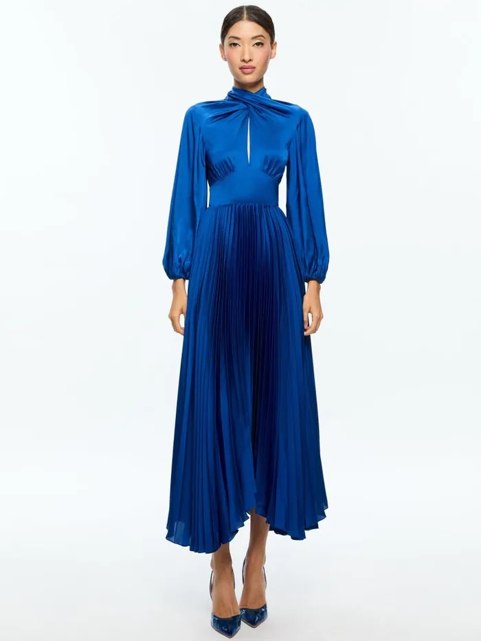 Alice Olivia MAHOGANY TWIST NECK PLEATED MAXI DRESS Royal Women Dresses
