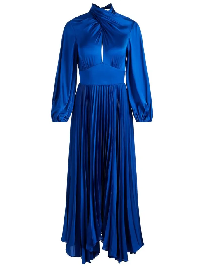 Alice Olivia MAHOGANY TWIST NECK PLEATED MAXI DRESS Royal Women Dresses