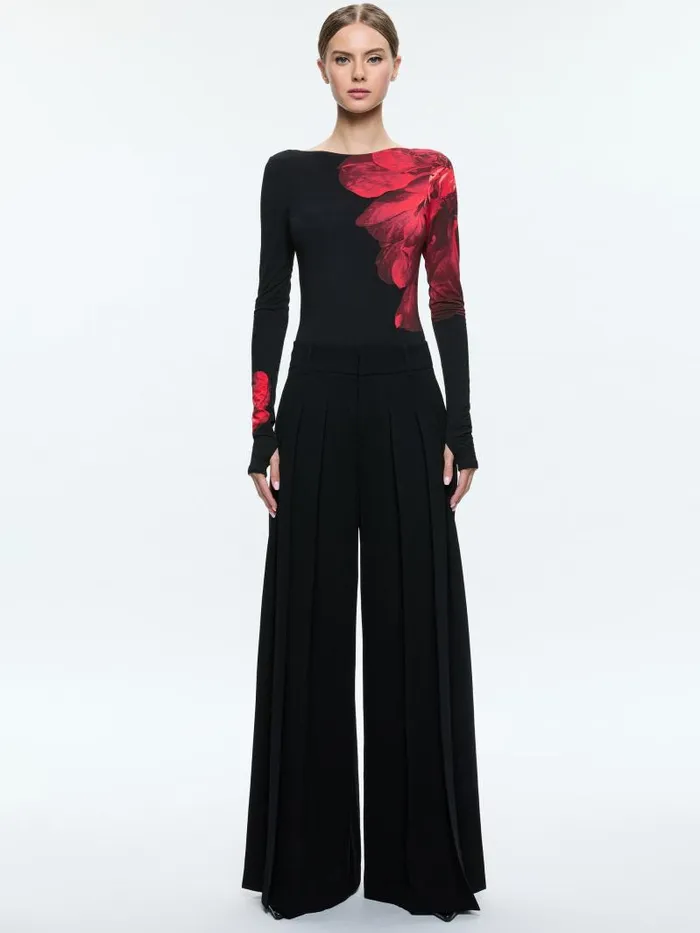 Alice Olivia MASAKO LONG SLEEVE OPEN BACK BODYSUIT WITH THUMBHOLES Peony Petals Bright Ruby Women Tops
