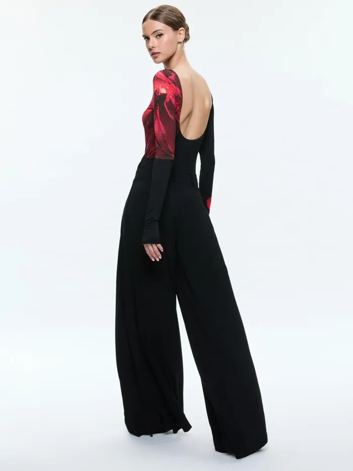 Alice Olivia MASAKO LONG SLEEVE OPEN BACK BODYSUIT WITH THUMBHOLES Peony Petals Bright Ruby Women Tops
