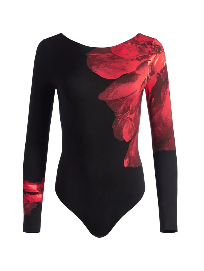 Alice Olivia MASAKO LONG SLEEVE OPEN BACK BODYSUIT WITH THUMBHOLES Peony Petals Bright Ruby Women Tops