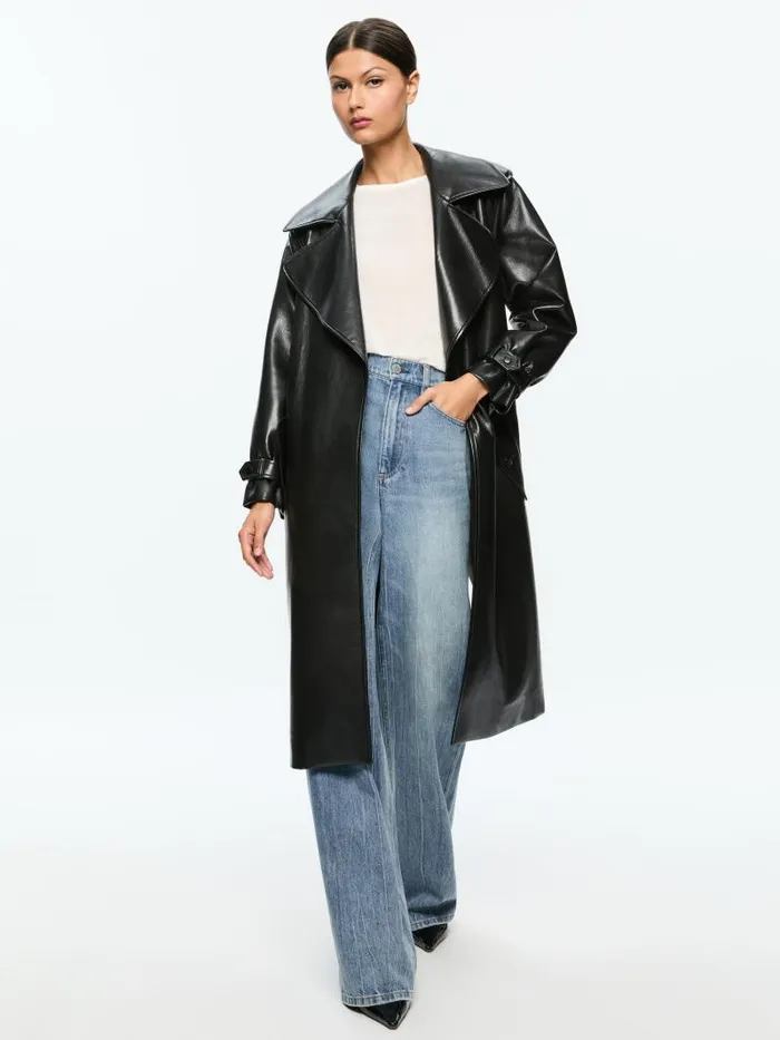 Alice Olivia NEVADA VEGAN LEATHER TRENCH COAT Black Women Jackets Coats