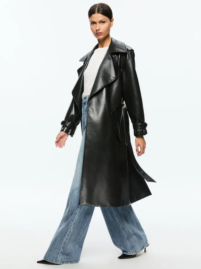 Alice Olivia NEVADA VEGAN LEATHER TRENCH COAT Black Women Jackets Coats
