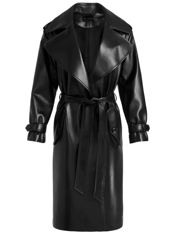 Alice Olivia NEVADA VEGAN LEATHER TRENCH COAT Black Women Jackets Coats