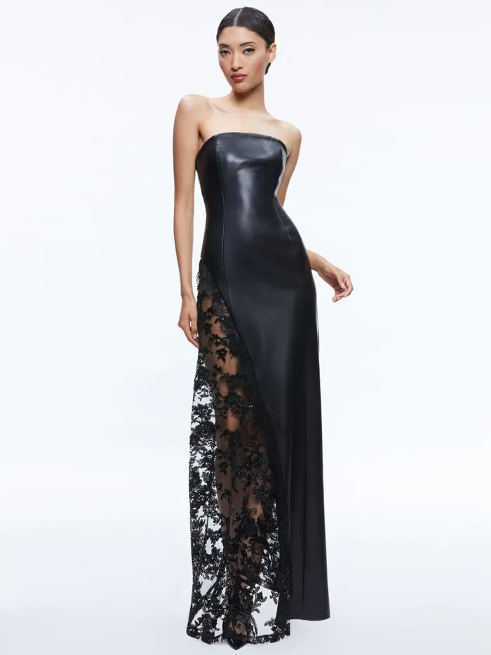 Alice Olivia RETHA VEGAN LEATHER LACE MAXI DRESS Black Women Dresses