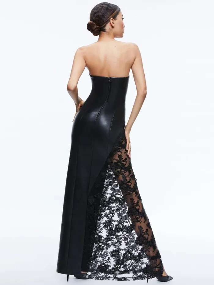 Alice Olivia RETHA VEGAN LEATHER LACE MAXI DRESS Black Women Dresses
