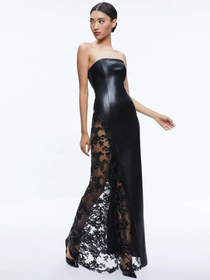 Alice Olivia RETHA VEGAN LEATHER LACE MAXI DRESS Black Women Dresses