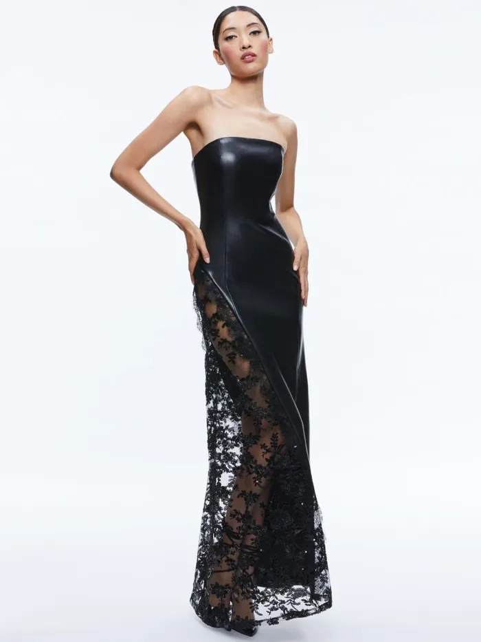 Alice Olivia RETHA VEGAN LEATHER LACE MAXI DRESS Black Women Dresses