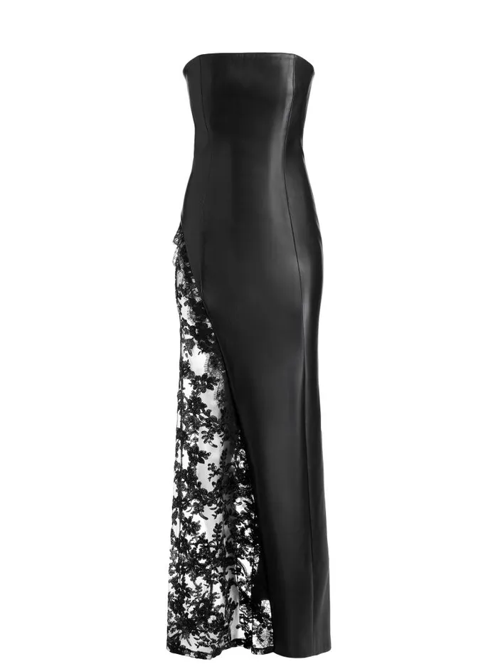 Alice Olivia RETHA VEGAN LEATHER LACE MAXI DRESS Black Women Dresses