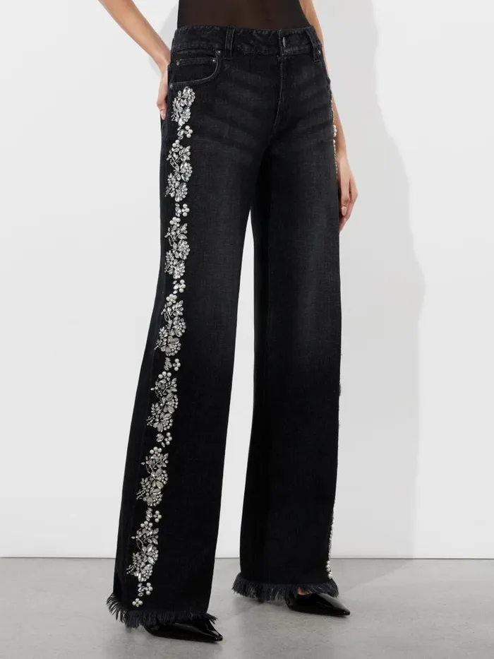 Alice Olivia ROXIE EMBELLISHED LOW RISE STRAIGHT FLARE JEAN Georgia Vintage Black Women Pants