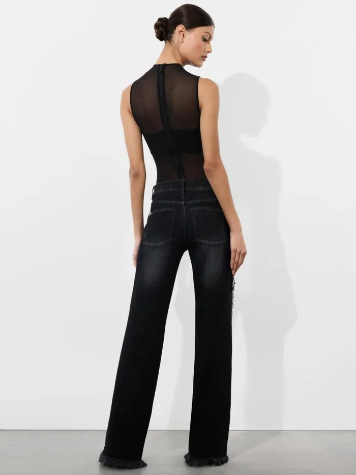 Alice Olivia ROXIE EMBELLISHED LOW RISE STRAIGHT FLARE JEAN Georgia Vintage Black Women Pants