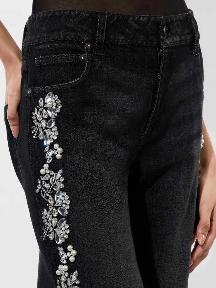 Alice Olivia ROXIE EMBELLISHED LOW RISE STRAIGHT FLARE JEAN Georgia Vintage Black Women Pants