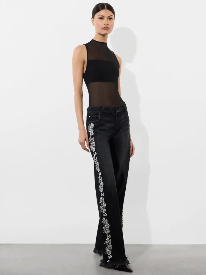 Alice Olivia ROXIE EMBELLISHED LOW RISE STRAIGHT FLARE JEAN Georgia Vintage Black Women Pants