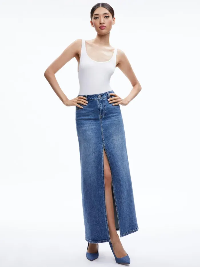Alice Olivia RYE DENIM MAXI SKIRT Brooklyn Blue Women Skirts