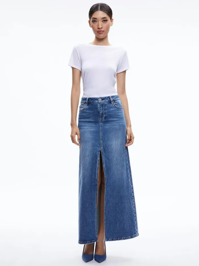 Alice Olivia RYE DENIM MAXI SKIRT Brooklyn Blue Women Skirts
