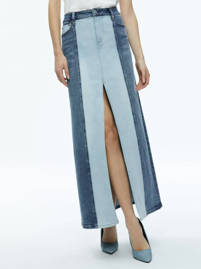 Alice Olivia RYE DENIM TWO TONE MAXI SKIRT Brooklyn Blue Women Skirts