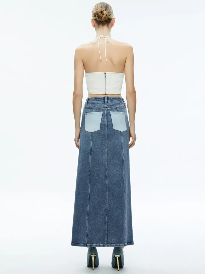 Alice Olivia RYE DENIM TWO TONE MAXI SKIRT Brooklyn Blue Women Skirts