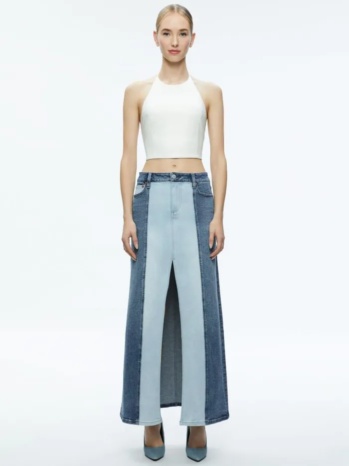 Alice Olivia RYE DENIM TWO TONE MAXI SKIRT Brooklyn Blue Women Skirts