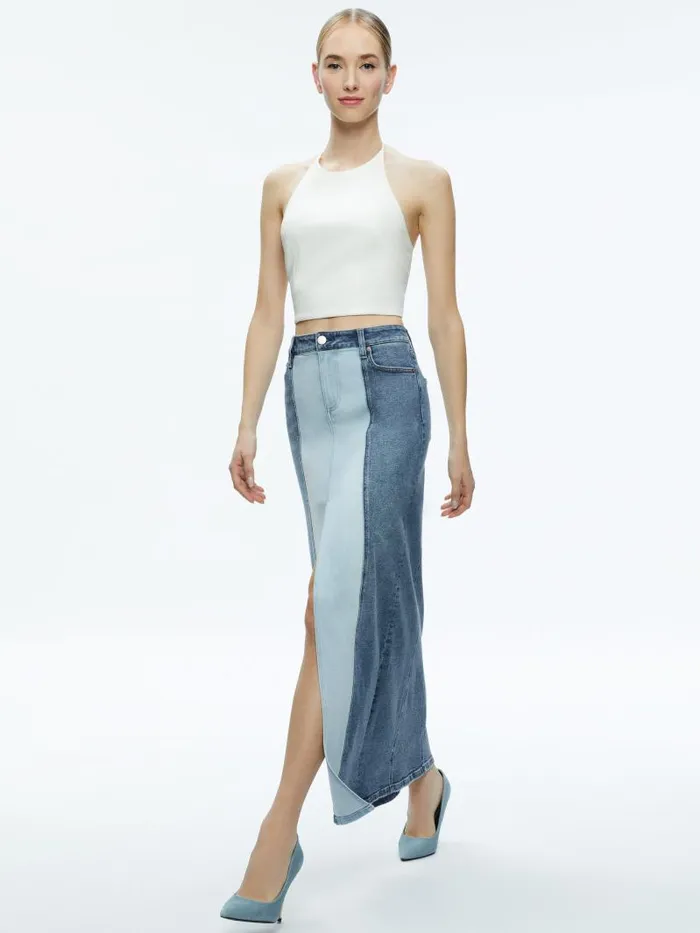 Alice Olivia RYE DENIM TWO TONE MAXI SKIRT Brooklyn Blue Women Skirts