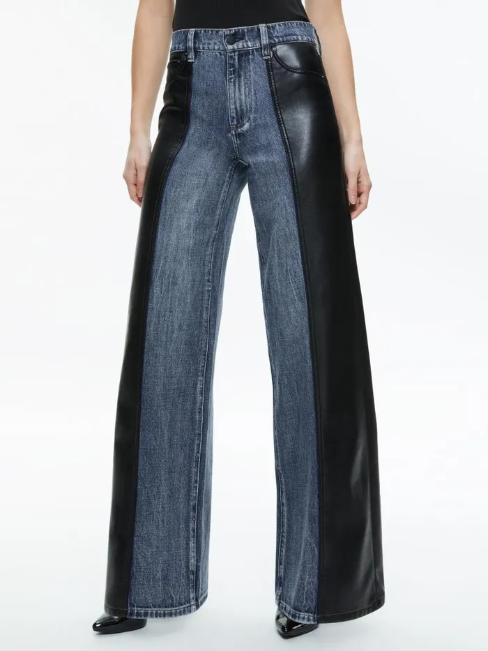Alice Olivia TRISH VEGAN LEATHER BAGGY JEAN Brooklyn Blue Women Jeans