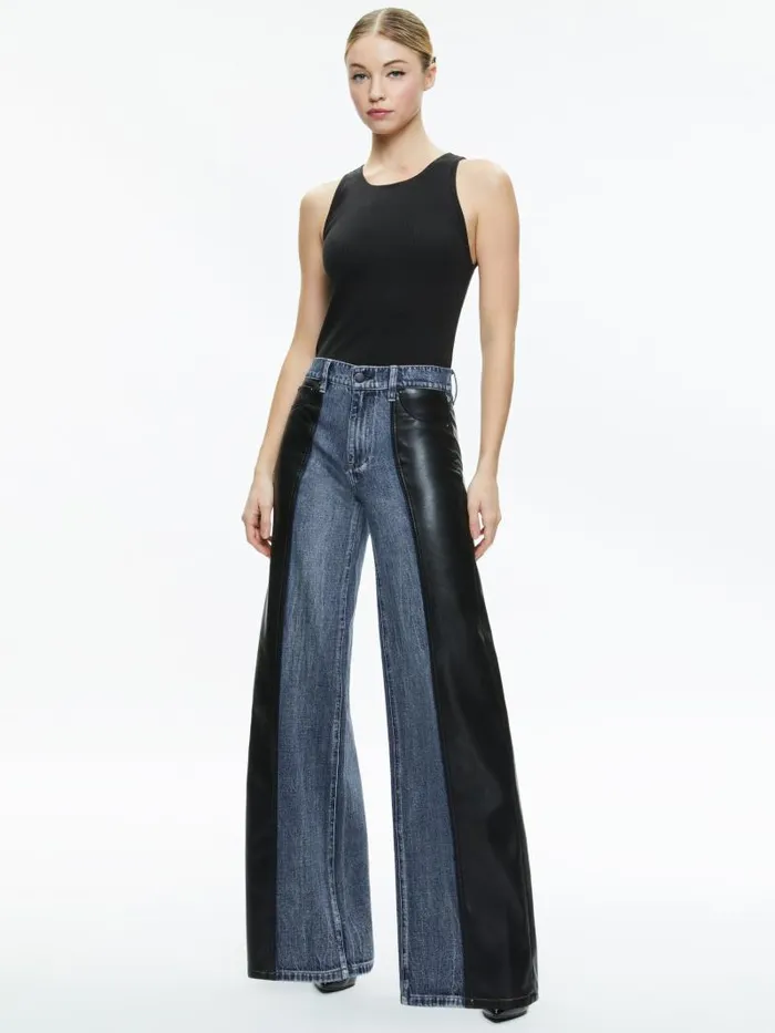 Alice Olivia TRISH VEGAN LEATHER BAGGY JEAN Brooklyn Blue Women Jeans