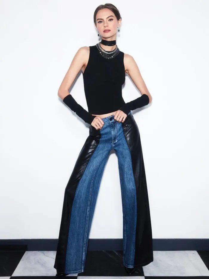 Alice Olivia TRISH VEGAN LEATHER BAGGY JEAN Brooklyn Blue Women Jeans