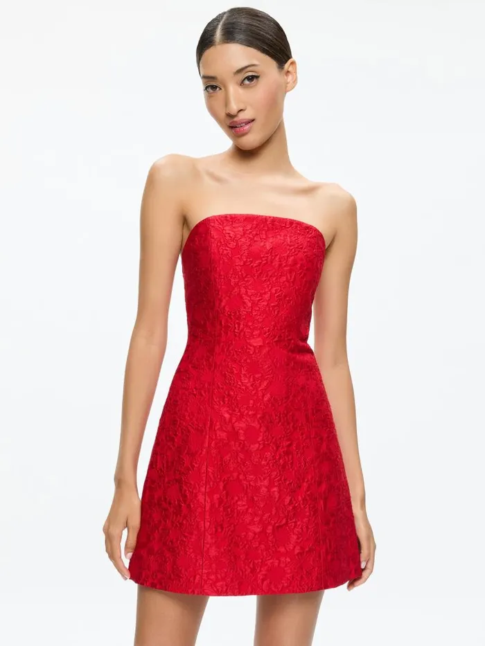 Alice Olivia VELIA STRAPLESS LANTERN MINI DRESS Perfect Ruby Women Dresses