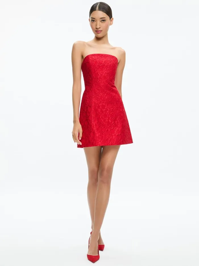 Alice Olivia VELIA STRAPLESS LANTERN MINI DRESS Perfect Ruby Women Dresses