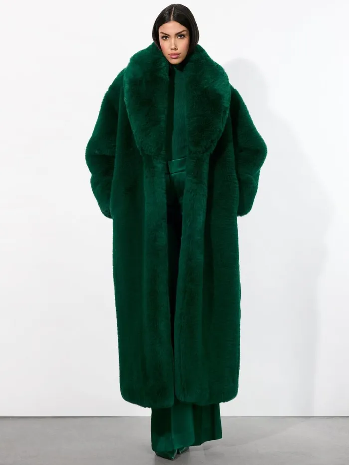Alice Olivia YETTA DROP SHOULDER FAUX FUR MAXI COAT Forest Green Women Jackets Coats