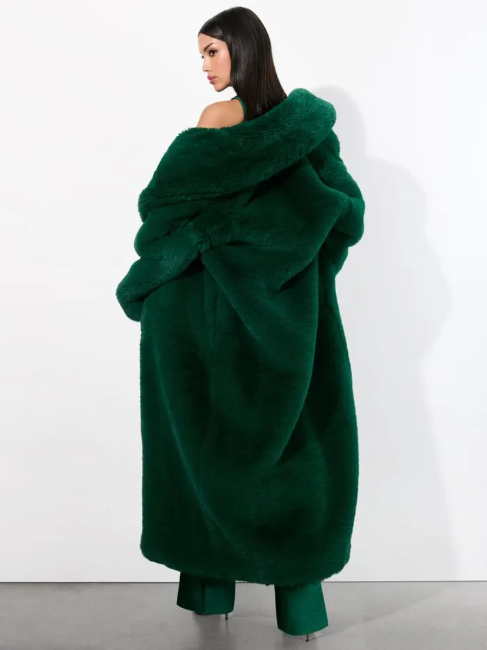Alice Olivia YETTA DROP SHOULDER FAUX FUR MAXI COAT Forest Green Women Jackets Coats