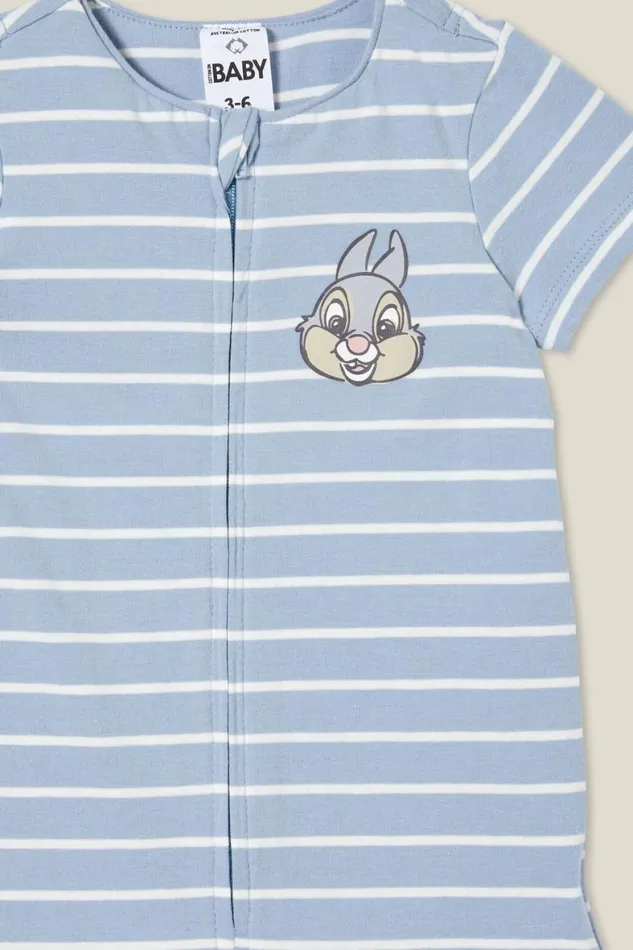 Baby Rompers and All In Ones Cotton On The Billie Short Sleeve Zip Romper License Lcn Dis Dusty Bluevanilla Thumper Stamp