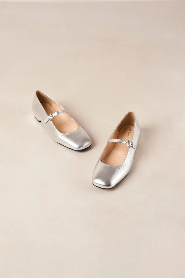 Ballet Flats Women ALOHAS Por Do Sol Shimmer Silver Leather Ballet Flats