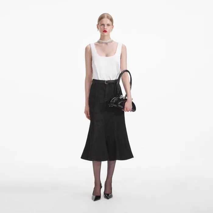 Black Flared Denim Midi Skirt Women Self Portrait Denim