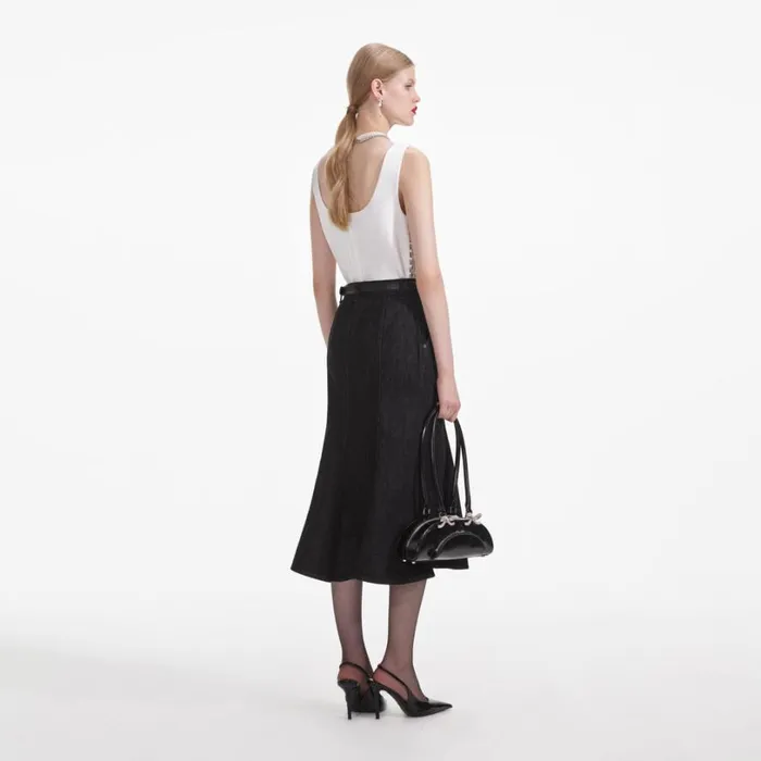 Black Flared Denim Midi Skirt Women Self Portrait Denim Black Flared Denim Midi Skirt Women Self Portrait Denim