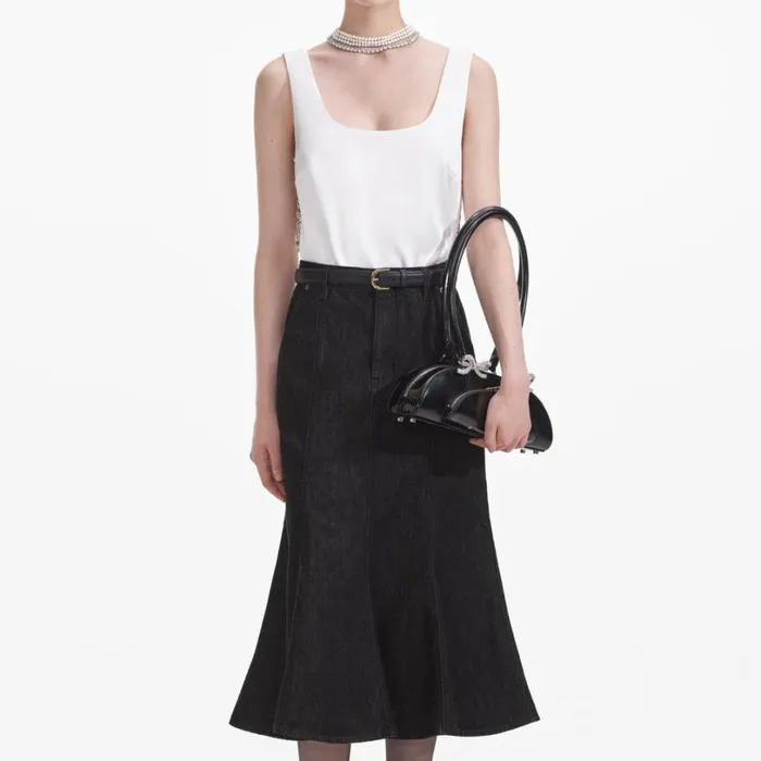 Black Flared Denim Midi Skirt Women Self Portrait Denim Black Flared Denim Midi Skirt Women Self Portrait Denim
