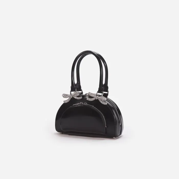 Black Leather Curved Mini Tote Bag Women Self Portrait Mini Black Leather Curved Mini Tote Bag Women Self Portrait Mini