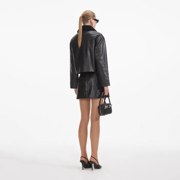 Black Leather Shearling Jacket Women Self Portrait Outerwear