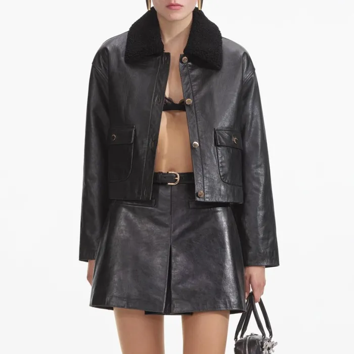 Black Leather Shearling Jacket Women Self Portrait Outerwear