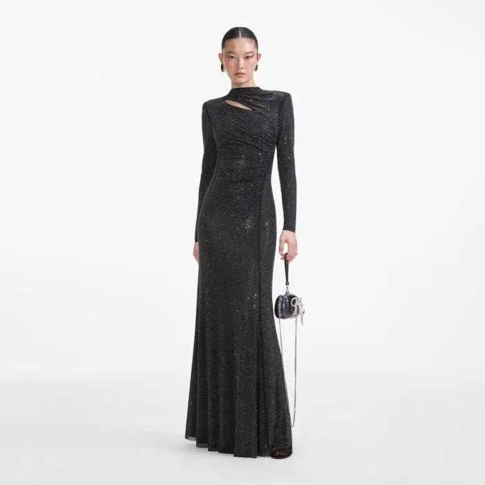 Black Rhinestone Mesh Cut Out Maxi Dress Women Self Portrait Dresses