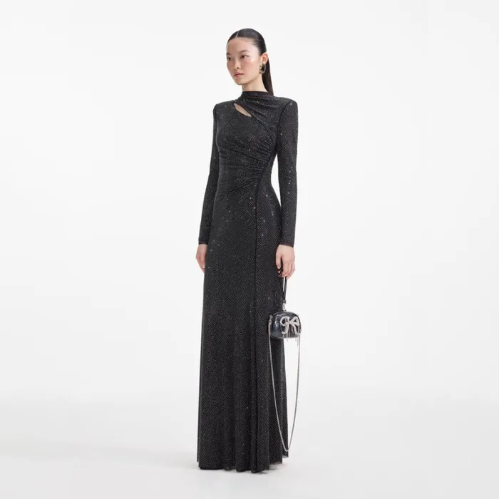 Black Rhinestone Mesh Cut Out Maxi Dress Women Self Portrait Dresses