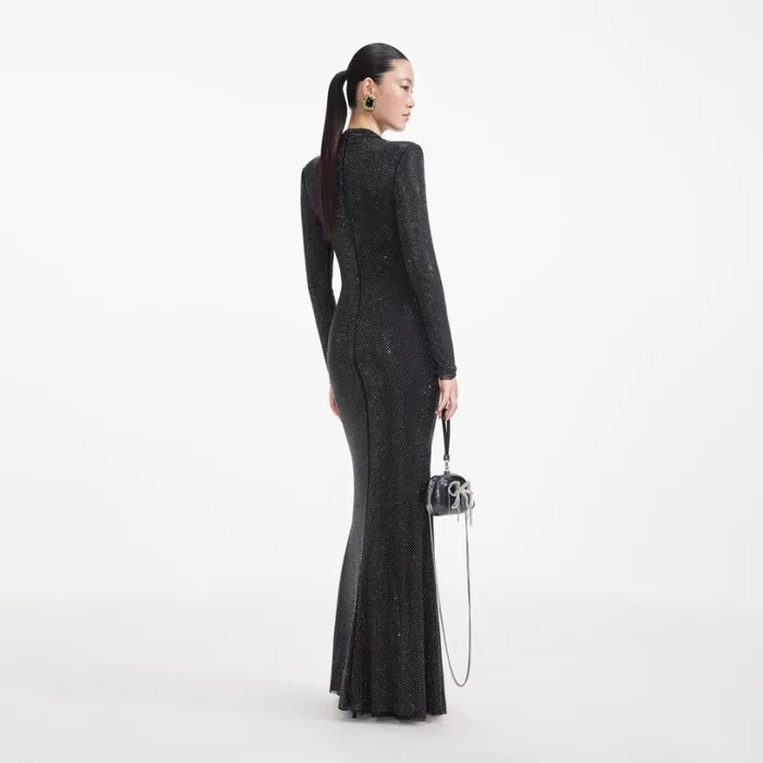 Black Rhinestone Mesh Cut Out Maxi Dress Women Self Portrait Dresses