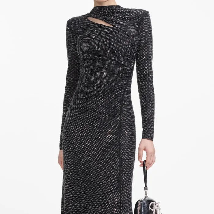 Black Rhinestone Mesh Cut Out Maxi Dress Women Self Portrait Dresses