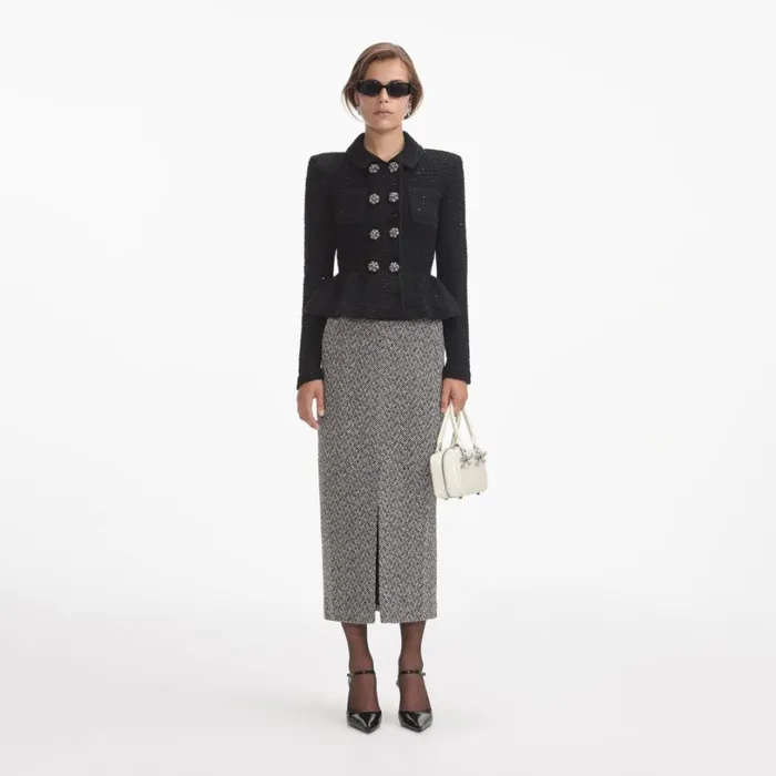Black Textured Knit Peplum Jacket Women Self Portrait Knitwear