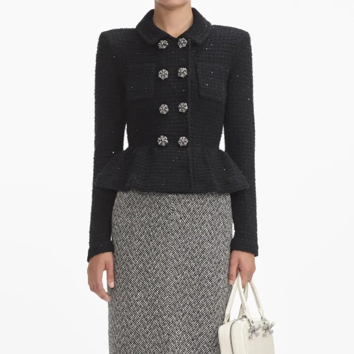 Black Textured Knit Peplum Jacket Women Self Portrait Knitwear Black Textured Knit Peplum Jacket Women Self Portrait Knitwear
