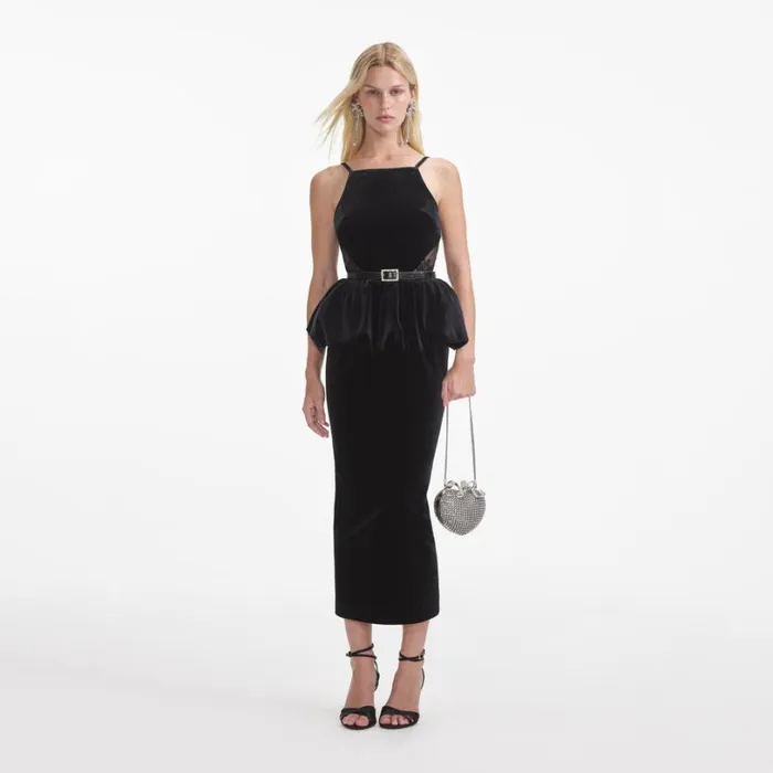 Black Velvet Peplum Midi Dress Women Self Portrait Dresses
