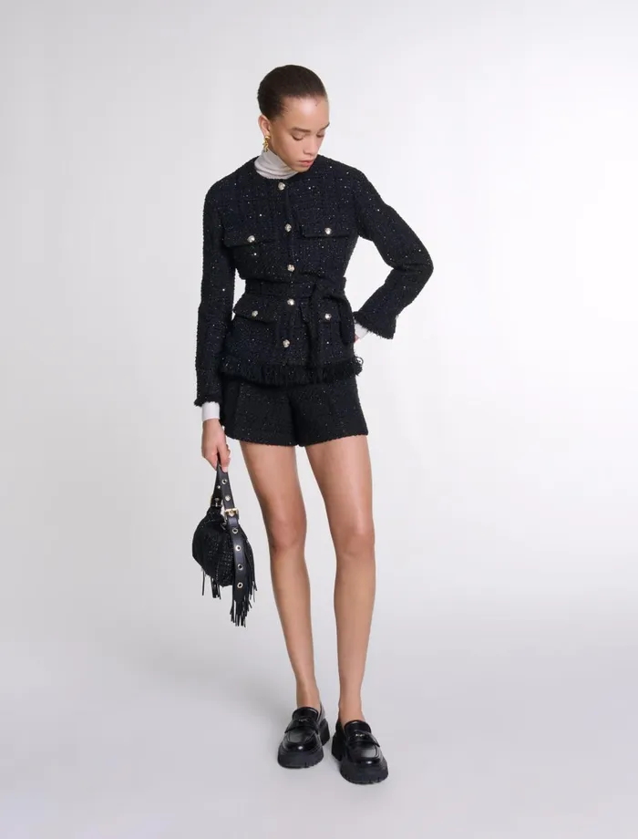 Blazers and Jackets Women Maje Sequinned Tweed Jacket Black