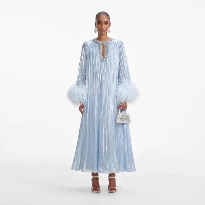 Blue Metallic Chiffon Feather Midi Dress Women Self Portrait Dresses