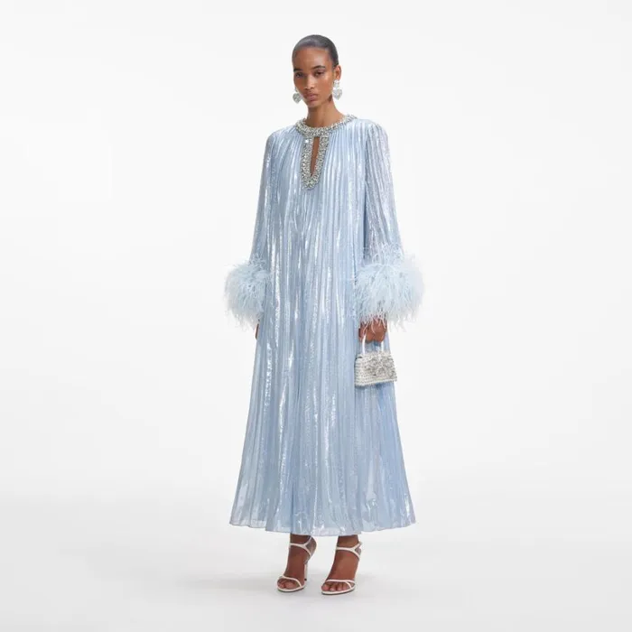 Blue Metallic Chiffon Feather Midi Dress Women Self Portrait Dresses