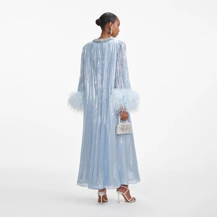 Blue Metallic Chiffon Feather Midi Dress Women Self Portrait Dresses