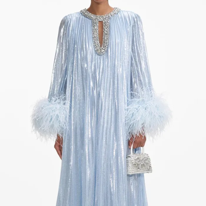 Blue Metallic Chiffon Feather Midi Dress Women Self Portrait Dresses